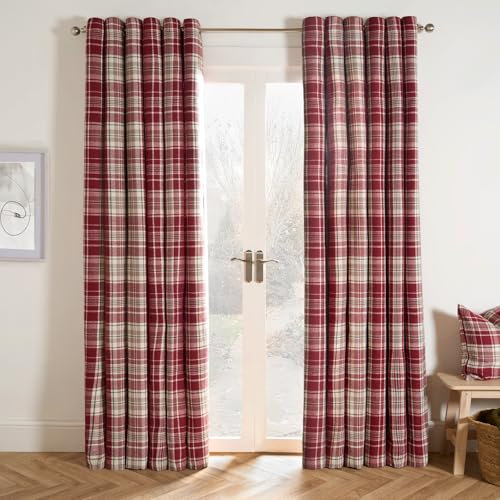 OHS Eyelet Blackout Curtains Dorset Woven Plaid Soft Curtains for Living Room Bedroom Office Modern Decorative Extra Wide Curtains for Winter,Red 90 x 90 Inch