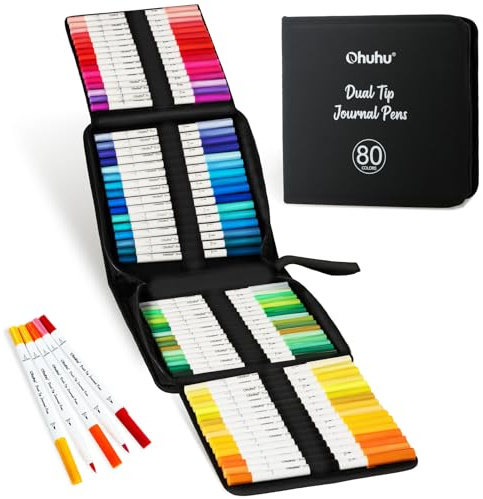 Ohuhu Marker 80 Doppelspitze Pinsel & Fineliner für Bullet Journals | Doppelspitze für Schattierung Mischung & Detail Geruchslos & Ungiftig Ideal für Malbücher Kalligraphie Zeichnen