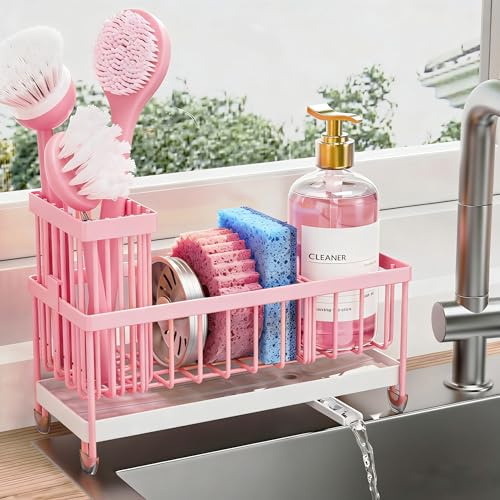 Cisily Pinker Schwammhalter für Küchenspüle, Spülbecken-Caddy Organizer mit hohem Bürstenhalter, Küchenarbeitsplatte, rostfrei, 304 Edelstahl, Seifenspender, Küchenorganizer und