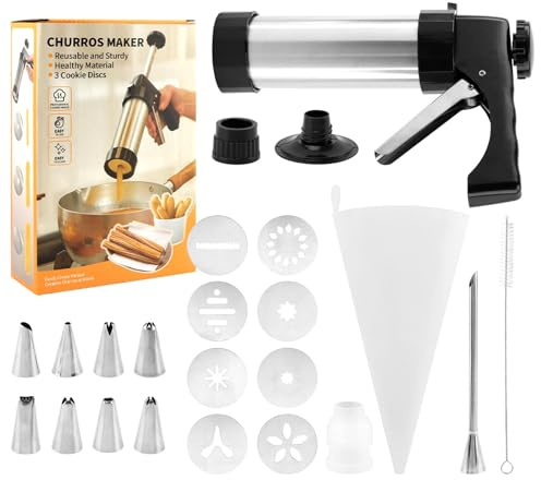 Churro Maker Machine,Stainless Steel Churro Maker Kits Including 8 Discs Nozzles,8 Churro Piping Tips,Cleaning Brush,Filling Piping Bag,for Homemade Different Shape Churros,Cookie