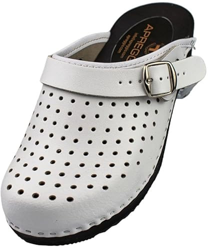 APREGGIO Zoccoli da Donna in Legno – Pantofole comode – Pratici Zoccoli da Giardino – Scarpe in Vera Pelle di Alta qualità, Bianco, 38 EU