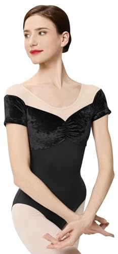 flexdans Body da Danza Classica a Maniche Corte da Donna, Body da Danza Classica in Velluto per Adulti con Imbottitura Sul Petto D043 Black 160
