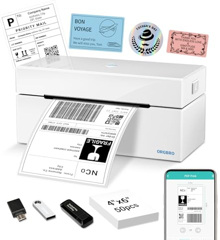 ORGBRO Shipping Label Printer Z1 Plus 4x6 Bluetooth Thermal Label Printer for Small Business, Postage, Address, Support iOS, Android, PC, Compatible with Shopify, eBay, Etsy, Evri, White