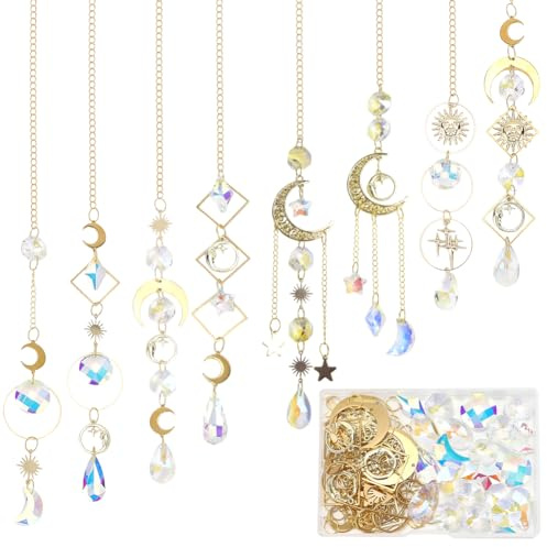 SUNNYCLUE 1 Box DIY 8 Sets Sun Catchers Kit Moon Suncatchers Gold Star Crescent Hanging Prism Suncatcher with Crystal Rainbow Maker for Windows Indoor Outdoor Home Garden Party Wedding Decor Gifts