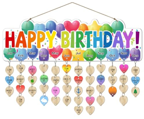 arricraft 1 Set Wooden Family Birthday Reminder Calendar Board, Happy Birthday Balloons Board With 100 Pcs Tags DIY Birthday Tracker Hanging Plaque 12x40cm/4.7x15.5inch for Home Decoration Friends