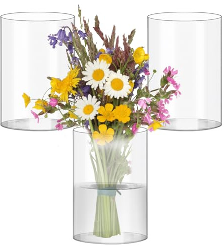 3 vasi di vetro alti, altezza 15 cm, 10 cm, cilindro trasparente con fondo, ampia apertura, vaso di vetro borosilicato, ideale per decorare tavolo, candele, tulipani, rose, ecc