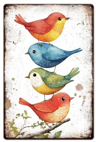 GLOBLELAND Cartel de Hojalata de Metal con Pájaros Lindos en Acuarela Animales Divertidos Pájaros Rama Pintura Vintage Carteles de Hojalata 12x8 pulgadas Arte de Pared Retro Placa Póster para