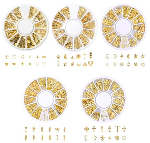 JYNVO 1000pcs Mini Rivets en Métal Punk Nail Charms,Étoile,Rose,Lune,Décorations Chromées 3D,Accessoires de Nail Art,60 styles