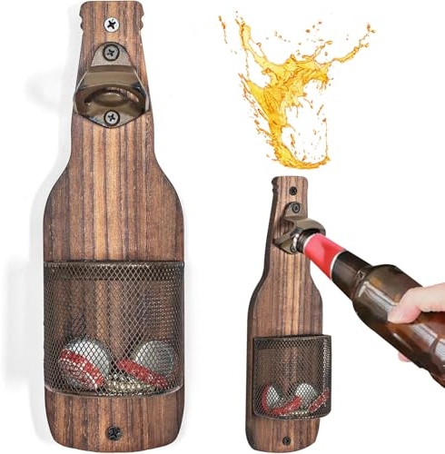 Apribottiglie da Parete, Apribottiglie Birra Legno, Cavatappi Birra con Contenitore di Raccolta, Accessori Bar Esterno, Ristoranti,Bar,Buon Regalo per Padre e Amici