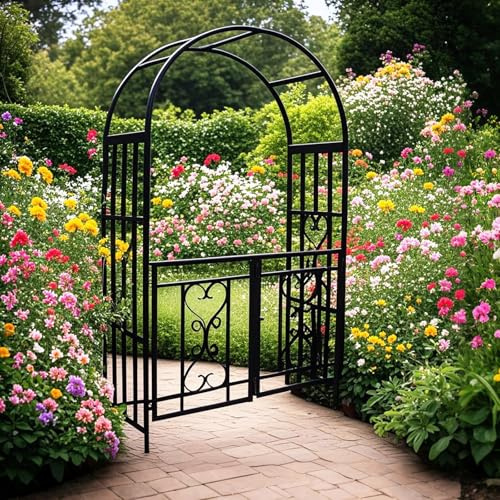 Arche de treillis de jardin durable avec portail – Pergola en métal de 210 cm pour grimper, vignes, rosiers, comprend 4 piquets de sol et 6 clips de support pour plantes – Décoration extérieure