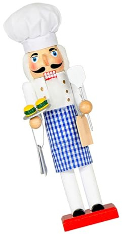 Hecho a mano de madera Cascanueces de Navidad Estatua de cocineros con delantal a cuadros azul Vintage Vacaciones Mesa de exhibición ornamento de Navidad comida mesa centros decoraciones