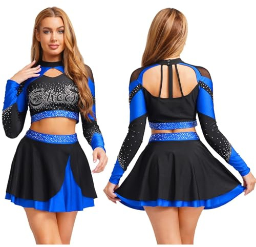Cheerleader uniformer för kvinnor skimrande strass cheerleading kostym cheerleading uniform, långärmad perforerad kort topp och skate kjol, dansklänningar(blå A, S)
