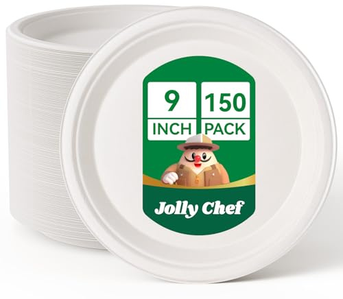 JOLLY CHEF Compostable Heavy Duty Paper Plates, 9 Inch [150 Pack] Disposable White Paper Plates Made of Bagasse Biodegradable Bulk for Party Dinner
