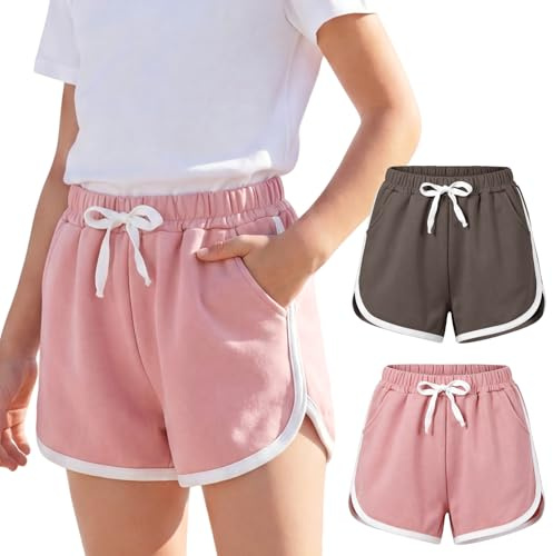 Baogaier Pantalones Cortos con Bolsillos, Pack de 2, para niñas 4-14 Años | Transpirables, Verano Deportivo Shorts, Cintura Elástica, Cómodo, Fitness Gimnasia Colegio Diario Viaje Playa Pantalón, Ropa