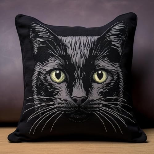 Kitquiver Knüpfen Set Erwachsene Schwarze Katzen Knüpfkissen-Sets,Grobes Kreuzstich-Set,Diy-Stickerei-Nadelspitzen-Kit Für Heimdekoration 17x17In
