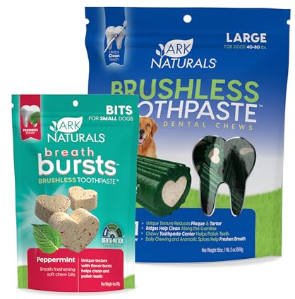 Ark Naturals Large Breed Brushless Toothpaste + Breath Bursts Bundle - Vet Formulated Dog Dental Chews for Large Breeds - Helps Reduce Plaque & Tartar, Polishes Teeth, and Freshens Breath