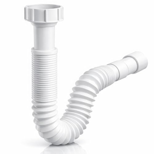 Sifón Flexible y Extensible Universal para Desagüe – 1 1/4 y 1 1/2 con Salida Ø32/40 mm – Tubo Ajustable Antiolor para Lavabo, Fregadero, Bidé, Cocina y Baño – Blanco – Fluvia