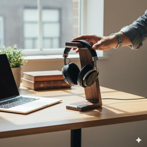 Woodmede Walnut Wood Headphone Stand, Natural Wooden Desktop Headset Holder with Storage Base, Compatible with AirPods Max, Beats, Bose, Sony, Sennheiser, Gaming, etc