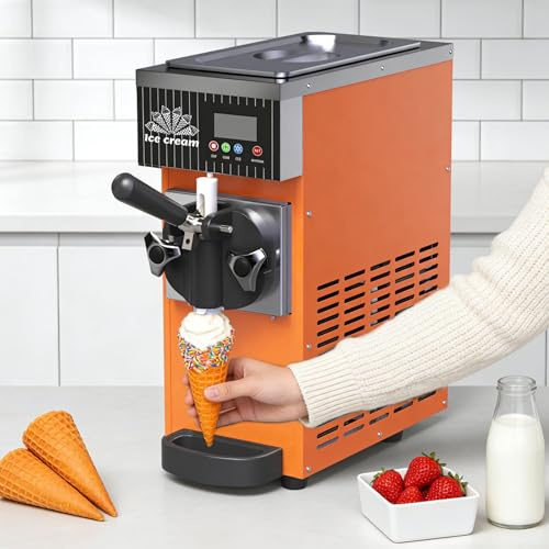 ZHLINGQ Máquina de Helados Profesional, Heladera Soft Serve con Compresor Autorefrigerante, 450W, 4-5L/H, Máquina para Hacer Helados Comercial, 1 Sabores, para Tiendas de Postres Orange