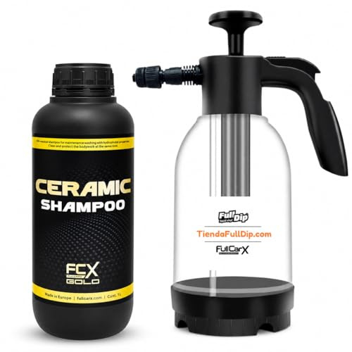 AutoFullCar FullCarX Gold Ceramic Shampoo Champu Ceramico Coche 1L, Lavado Carroceria Espuma Activa Snow Foam, Efecto Hidrofobico Sellante Protector, Limpieza Automovil Detailing (Champú + Foamer)