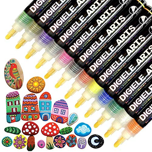 DIGIELE Paint Pens for Rock Painting, 12pcs Waterproof Pens for Pebble Painting & Stone Art Drawing, Round or Chisel Tip, Permanent Acrylic Paint Markers Set for Kids, DIY for Ceramic, Porcelain & Mug