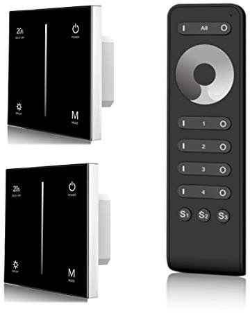 LEDUX Universal Funk-Dimmer 2er-Set mit Gruppenfernbedienung, Steuerung von LED, Halogen, Glühbirnen, elektronischer Dimmer (2x Dimmer, Touch-Panel, Schwarz)