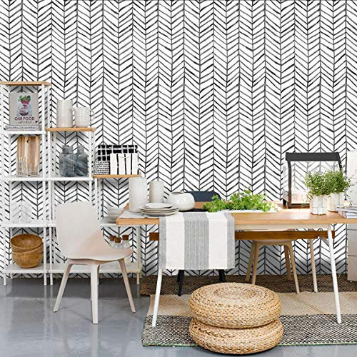 MulYeeh Selbstklebende Tapete mit Fischgrätenmuster, 45,9 x 207,7 cm, Schwarz / Weiß, entfernbare Wandverkleidung, vorgeklebt, dekorativ