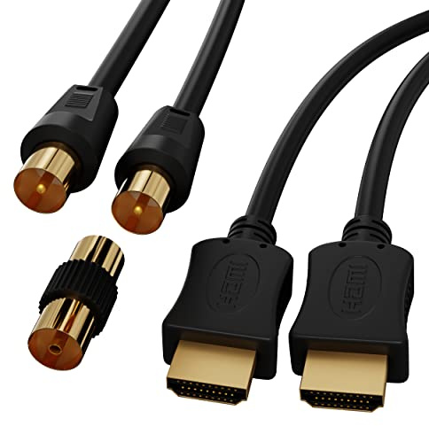 ConnectingU Black 2 Cable Kit (THIS IS NOT an HDMI to Coax convertor). 1x 0.5m HDMI Cable Male to Male with Ethernet bundled with a 1x 0.5m TV Aerial Cable Male to Male with Female to Female Coupler.