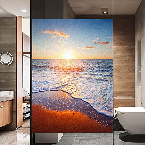 Pellicola adesiva per finestre, effetto smerigliato, con paesaggio marino, adesivo statico, senza colla, blocco UV, controllo del calore, copertura per finestre per casa/ufficio, 80 x 160 cm