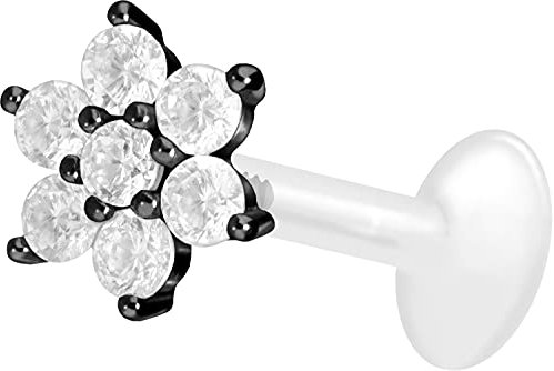 PIERCINGLINE PTFE Labret mit Gewinde TITAN AUFSATZ KRISTALLBLUME Piercing Lippe Nase Ohr Helix Schwarz 1,2 x 6 mm
