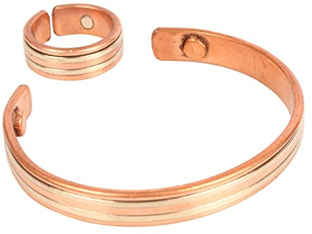 Touchstone Pulsera magnética de cobre hecha a mano forjada a mano con alambre en espiral sólido y de alto calibre, patrón trenzado, elegancia minimalista, pulsera de cobre puro y anillo a juego en dos