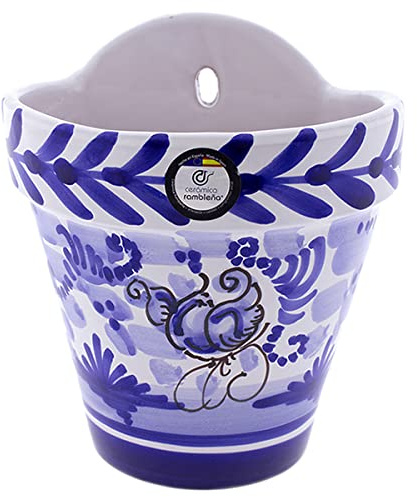 CERÁMICA RAMBLEÑA | Vaso da Fiori per Parete | Vaso Ceramica 100% Decorato a Mano | Vaso Esterni con Foro per Appendere e Drenaggio - Modello D118 | Fatto in Spagna 22.5x20x24 cm