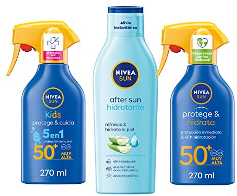 NIVEA SUN Pack: Spray Solar Niños Protege & Juega FP50+ (270 ml) + Protege & Hidrata Spray FP50 (270 ml) + After Sun Loción Hidratante (400 ml)