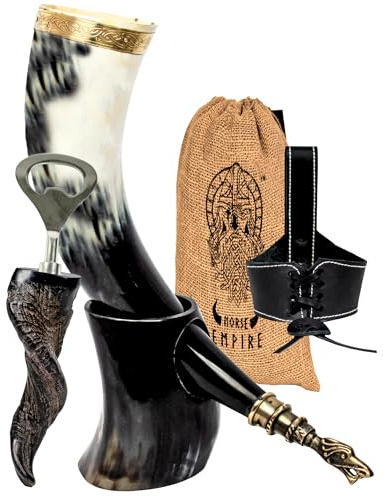 NORSE EMPIRE Genuine Ox-Horn Viking Drinking Horn with Brass Rim & Tip Horn Stand, Leather Holster Food Grade Tankard Cup for Drink Beer, Ale, Mead, Whiskey Gift For Men & Women…