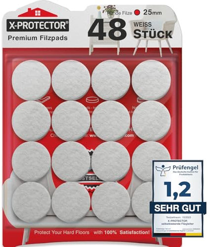 Feltrini per gambe di mobili X-PROTECTOR – 48 feltrini di alta qualità BIANCHI 25 mm– Feltrini per sedie per piedi di mobili pavimenti in legno – Migliori piedini per sedie e mobili