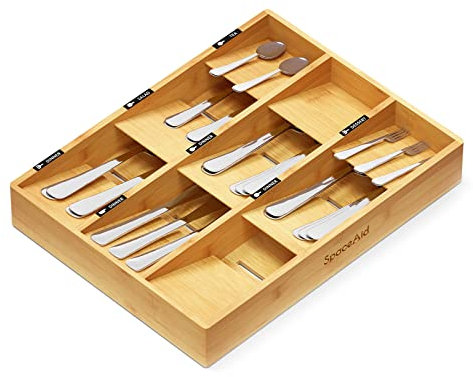 SpaceAid Bamboo Silverware Drawer Organizer with Labels, Kitchen Utensil Tray Holder Organizer for Flatware, Cutlery, Spoon and Knives Drawer Storage Organization (9 Slots)