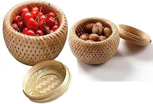 Roundsky Juego de 2 pequeñas cestas decorativas de bambú con tapa para guardar objetos pequeños. Caja de bambú hecha a mano y trenzada para almacenamiento