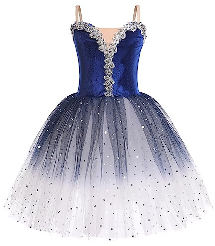 Kinder Ballettkleidung Mädchen Ballettkleid Trägerkleid Balletttrikot Ballettanzug V-Ausschnitt Tanzkleid Tanzbody Tütü Tüllrock Tanzbekleidung Ballerina Kostüm Halloween Cosplay Dunkelblau 11-12J