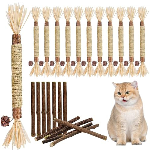 12 Stück Katzenminze Sticks, Matatabi Stick Interaktives Katzenspielzeug, 15 Katzen Kauhölzer, Kausticks für Katzen, Katzen Zahnpflege Kausticks Set, Katzen Zahnpflege Spielzeug für Katzen Zahnpflege