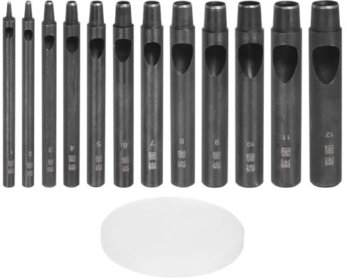 QUARKZMAN 13-teiliges Leder Hohllochstanzer Set 1,0-12mm Gerade Rund Gürtelstanzer für Leder Uhrenarmband Lederhandwerk Bekleidung Handtasche Stoff Vorhang mit 3 Nylon Pad
