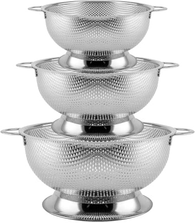 HEIYUET Sieb 3er-Set, Nudelsieb mit Fuß and Griff, 19/22/28cm Küchensieb Edelstahl Seiher Abtropfsieb für Ablaufen und Spülen Gemüse, Obst, Nudeln, Reis, Spülmaschinenfest