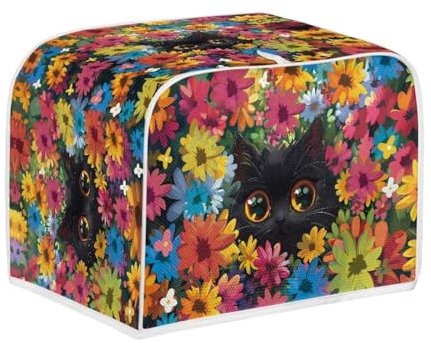 Xoenoiee Toaster-Abdeckung, Motiv: schwarze Katze, farbige Blumen, 2 Scheiben, Küchenzubehör, Küche, kleines Gerät, staubdichte Abdeckung, Brotbackmaschine, Toaster-Abdeckung