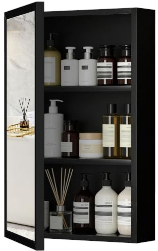 kleankin Spiegelschrank Badezimmerschrank 3 Etagen Schwarz 40x12x60 cm | Medizinschrank, Hängeschrank für Schlafzimmer