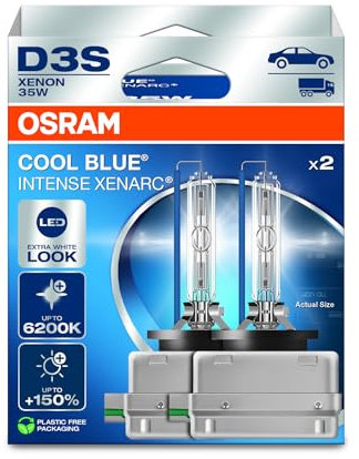 OSRAM XENARC COOL BLUE INTENSE D3S, +150% más de brillo, hasta 6200K, lámpara de faro de xenón, aspecto LED, caja plegable para colgar (2 lámparas)