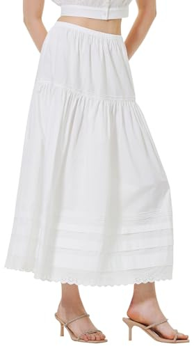 BEAUTELICATE Women's White Tiered Maxi Skirt Cool Cotton Midi A-line Skirt Vintage Casual Boho Long Short Skirt with Lace Trim for Summer Hot Days Holidays(Off White-Maxi Style, XXL)