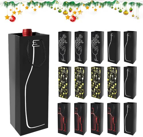 QINERSAW 15 Stück Kraftpapier Wein Geschenktüten Weinflaschen Tüten Wein Tüte Flaschen Geschenktüten mit Muster Griff für Champagner Bier Weihnachten Hochzeit Party Schwarz