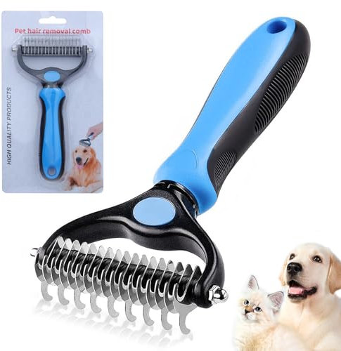 Dematting Comb for Dog and Cat, Dog and Cat Grooming Brush, Pet Grooming Rake for Small Medium & Large Dogs 17+9 Double Sided Pet Deshedding Tool for Removing Loose Undercoat, Knots, Mats, Blue