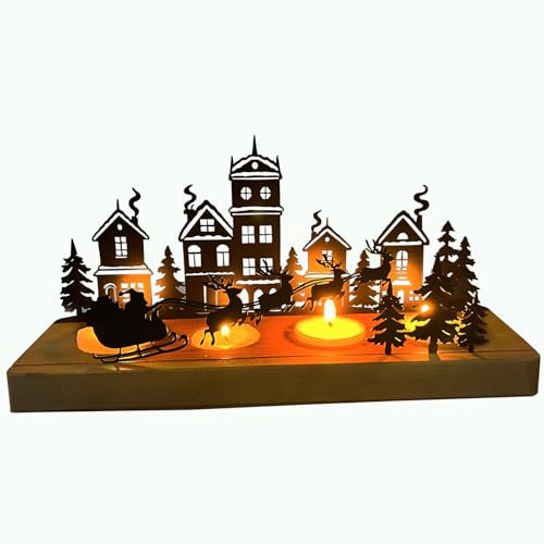 Advent Kerzenhalter, Adventskranz Teelichthalter, Kerzenständer Weihnachten Kerzentablett Metall mit Holz Haltern, Adventsgesteck, Tisch Adventsdeko Weihnachtsdeko Kerzen, 28 x 12.5 x 8 cm