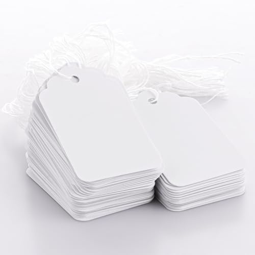 ASelected 1000 Pcs White Price Tags with String, 28x45mm Writable Price Labels Paper Blank Strung Price Tags, Kraft Hang Price Tag for Clothing, Jewelry, Gifts Display Price