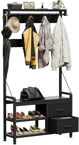 Garderobenständer mit Bänken und 2 Schubladen, Kleiderständer Freistehendes | Schwarz, 30T x 80B x 180H cm, Schuhregal, Abnehmbaren 17 Hake, 5 In 1 Design, Metallrahmen, Flur, Wohnzimmer, Eingänge